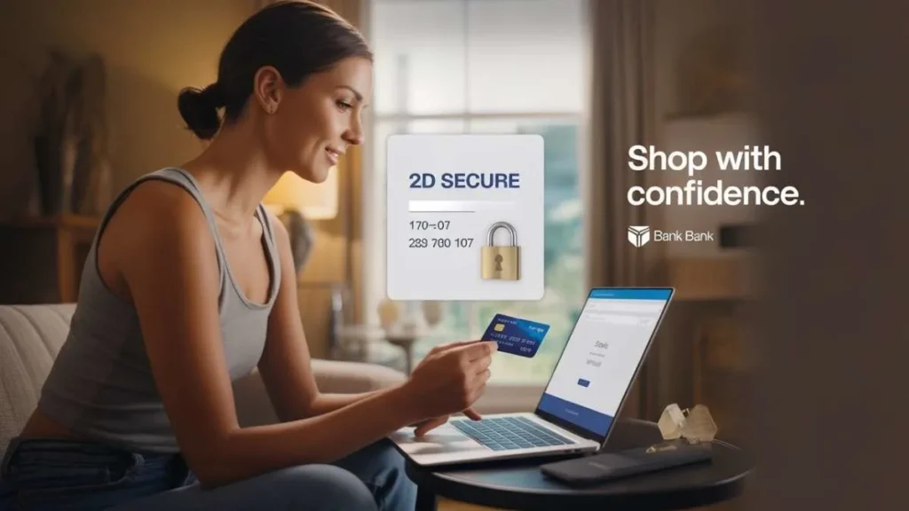 U.S. consumer making a secure online credit card payment on laptop, highlighting 2D credit card payment risks and 3D Secure authentication