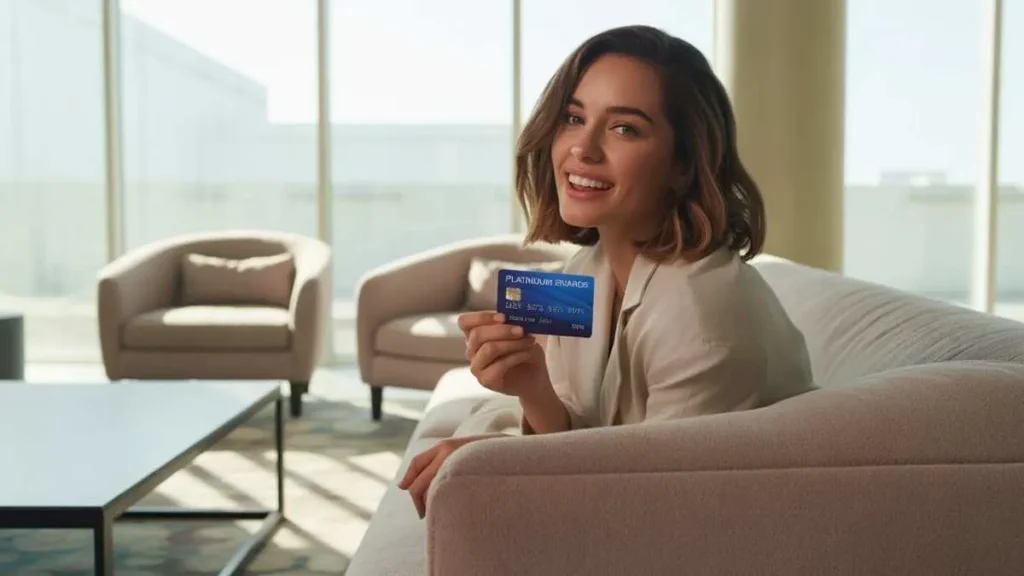 Woman using 7 Day Furniture credit card for modern living room furniture