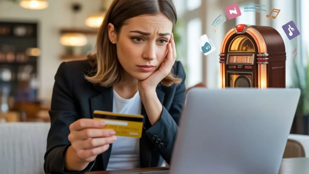 Woman checking AMI Entertainment credit card charge