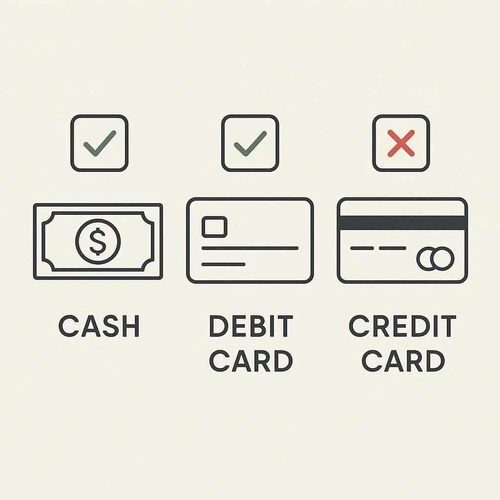 Infographic showing cash and debit accepted while credit card not accepted