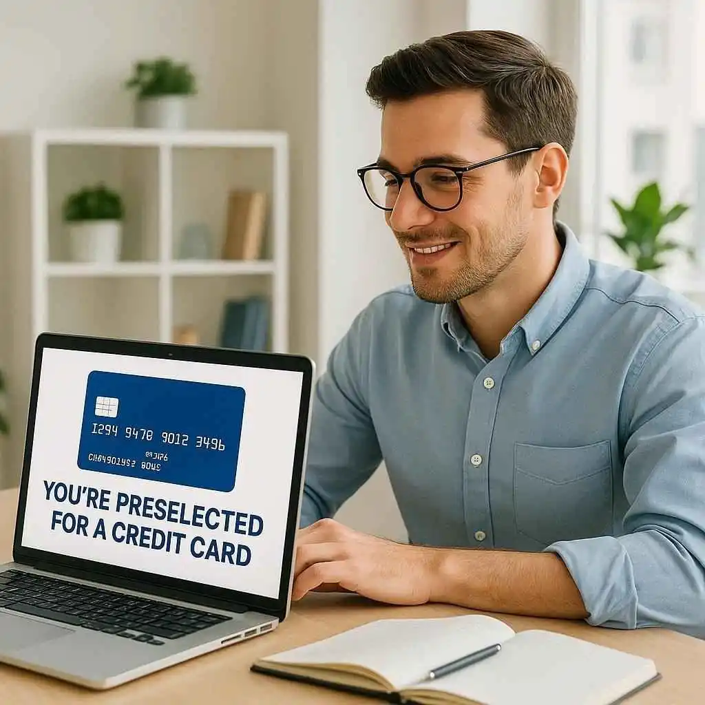 Person reviewing preselected credit card offer online