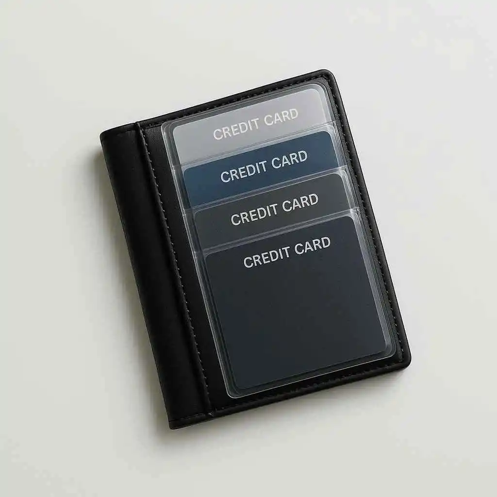 Credit cards stored in protective sleeves inside a wallet for safety