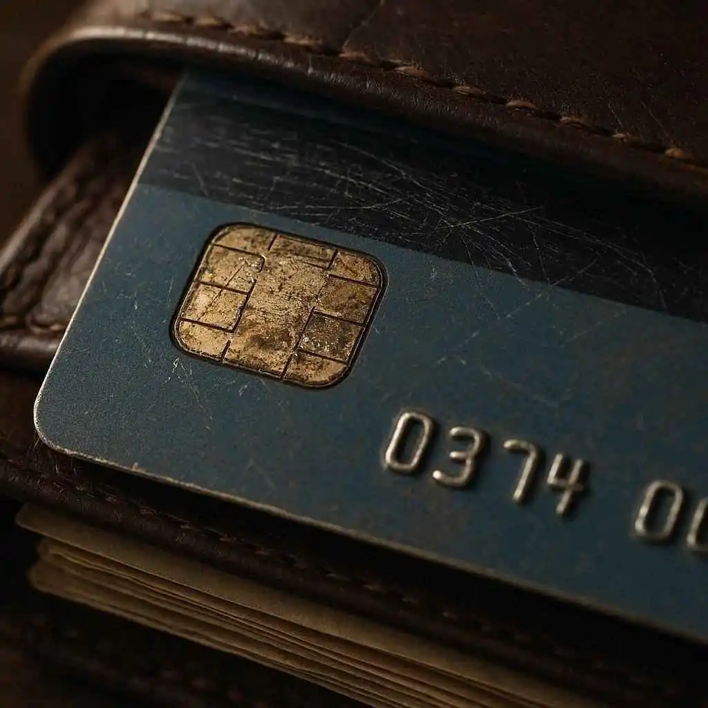 Scratched and bent credit card inside an overstuffed wallet showing common damage.