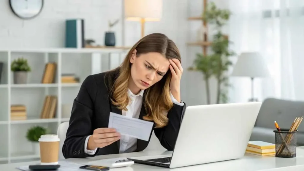 Woman checking credit card bill for FFNHelp charge with concern