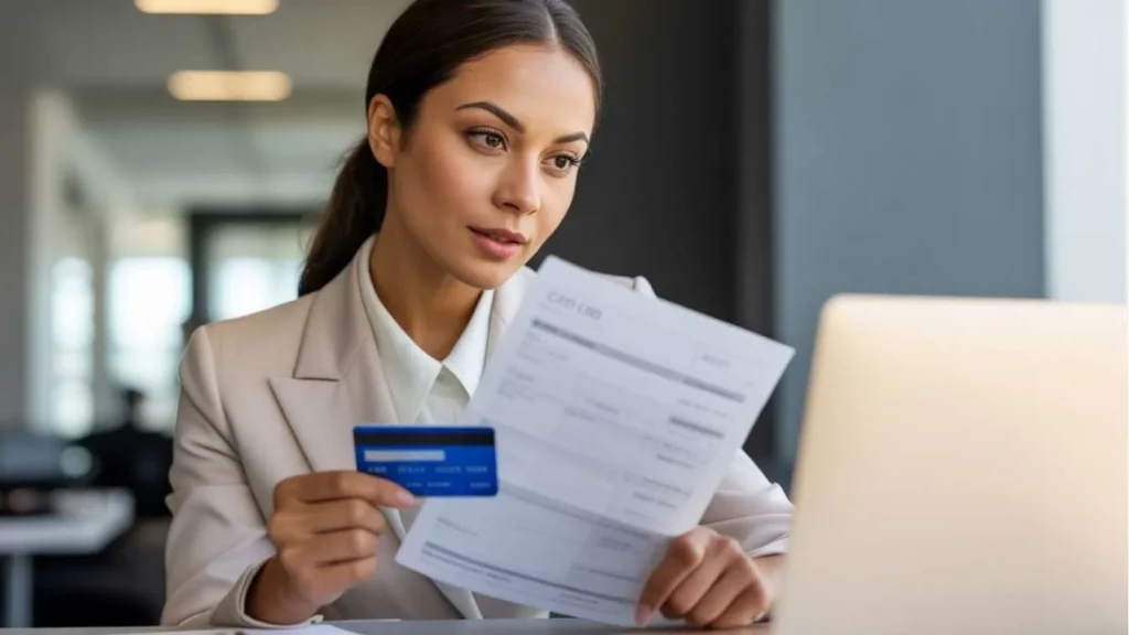 Confident woman reviewing Imagov.fans charge on credit card