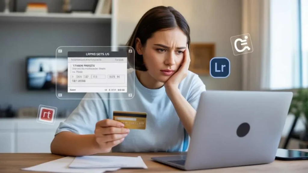Person checking LRPresets.us charge on credit card on laptop