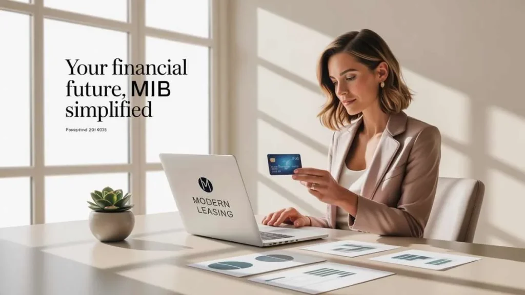 Professional reviewing Modern Leasing MI B charge on credit card statement on laptop