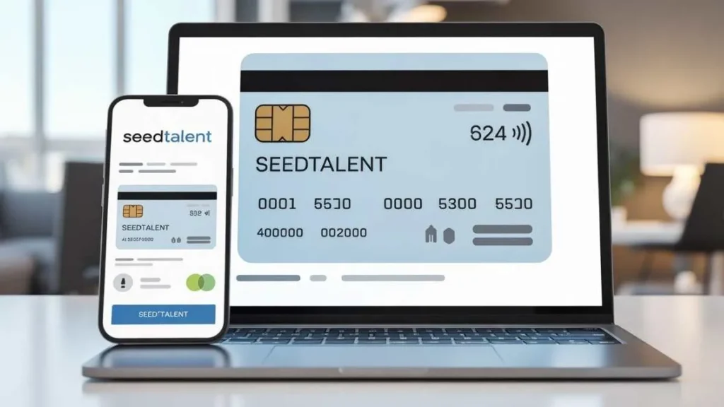 SeedTalent charge on credit card statement with laptop showing SeedTalent website and unauthorized charge alert