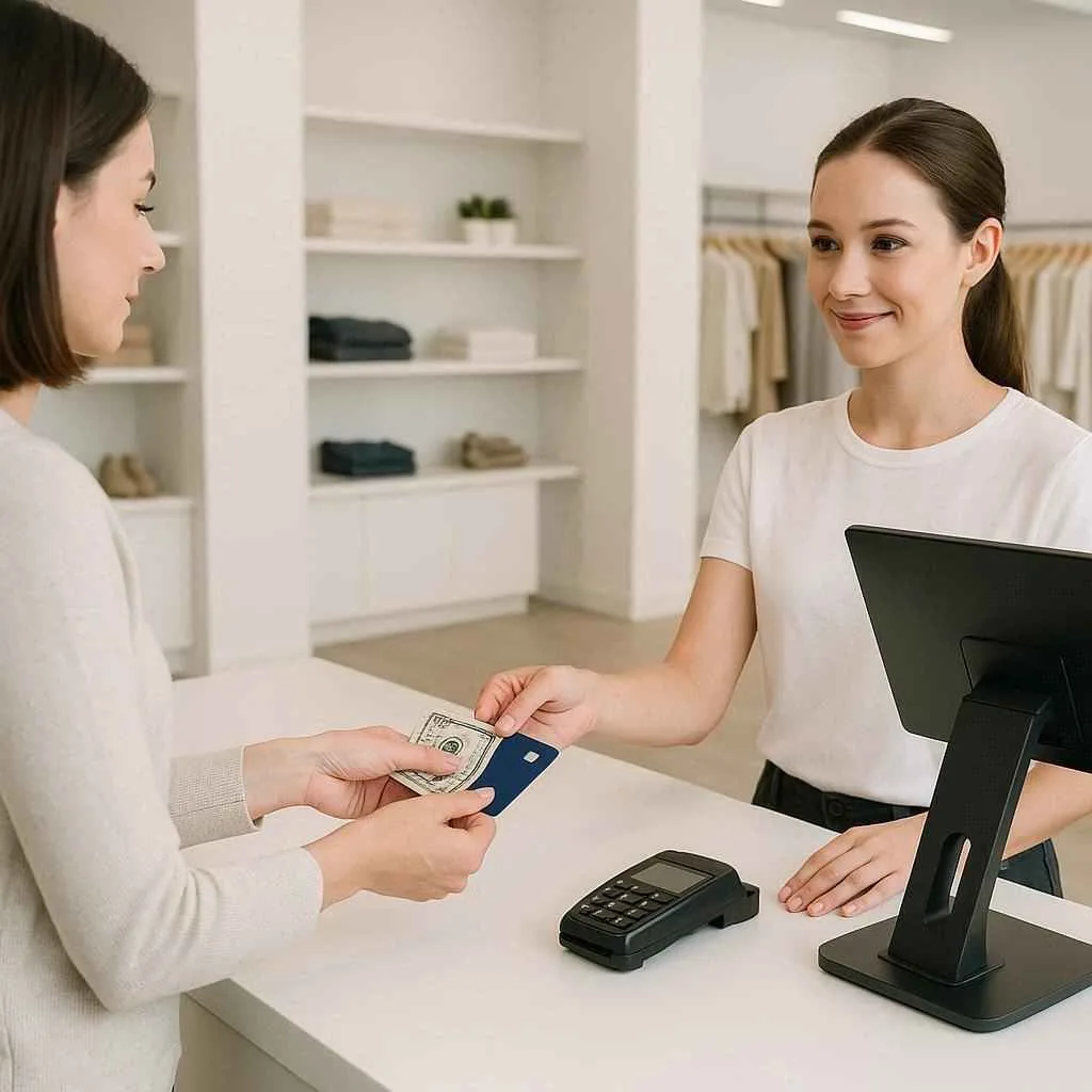 Customer paying with cash and debit card at a modern retail store counter
