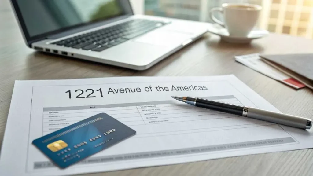 Credit card statement highlighting a 1221 Avenue of the Americas charge with a credit card and laptop on a desk