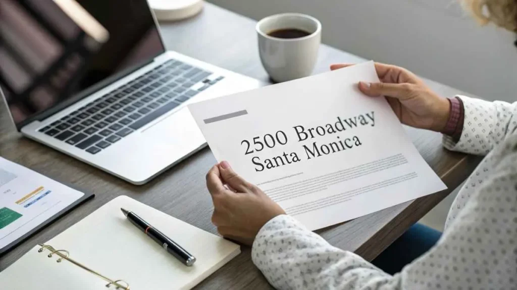 “Person reviewing a credit card statement showing the 2500 Broadway Santa Monica charge on a laptop, highlighting unauthorized transaction verification