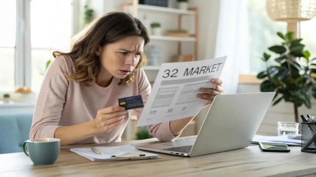 Young woman reviewing credit card statement showing 32 Market charge, looking concerned about unexpected transaction, realistic home office setting