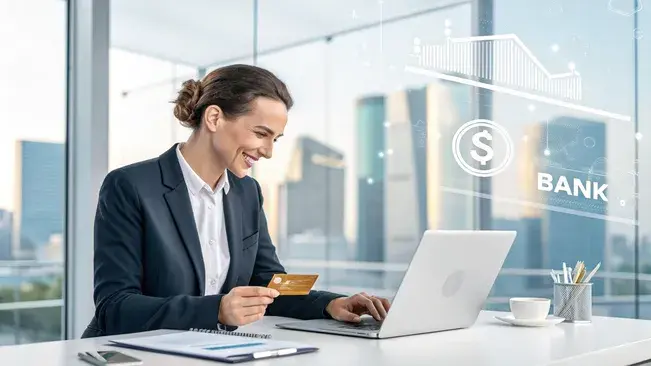 Business professional using Milestone Credit Card for cash advance at ATM, corporate banking setting with modern financial background