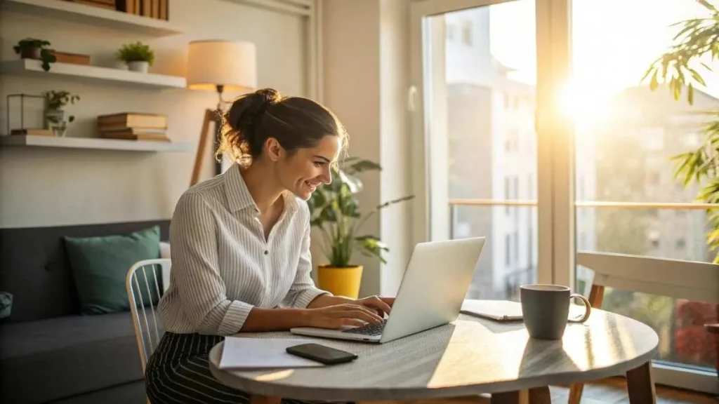 Young woman paying rent online via AppFolio, avoiding credit card fees