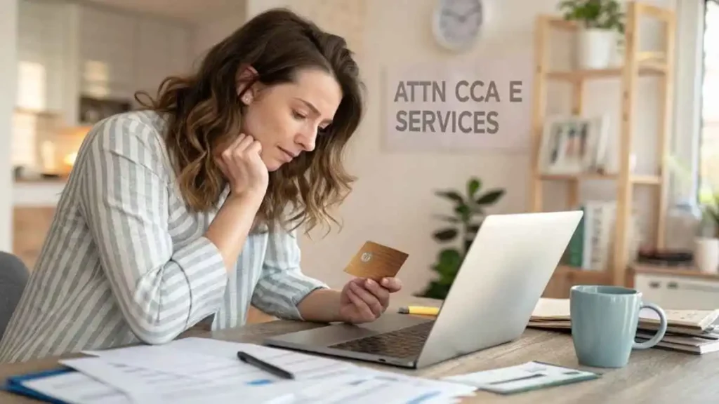 A woman checking her laptop and credit card statement showing an ATTN CCA E Services credit card charge, representing financial awareness and online payment verification.