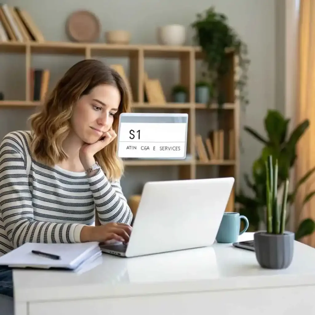 A young woman checking her laptop and credit card statement showing an ATTN CCA E Services charge, representing awareness about online card transactions.