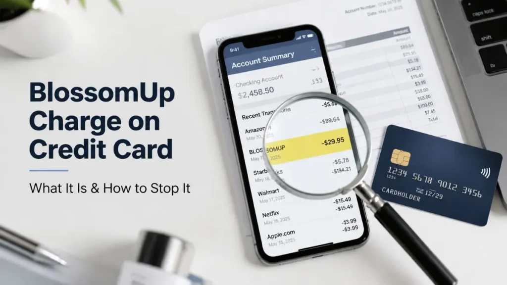 BlossomUp charge on credit card shown on mobile banking app with magnifying glass analyzing unknown transaction for finance explanation blog