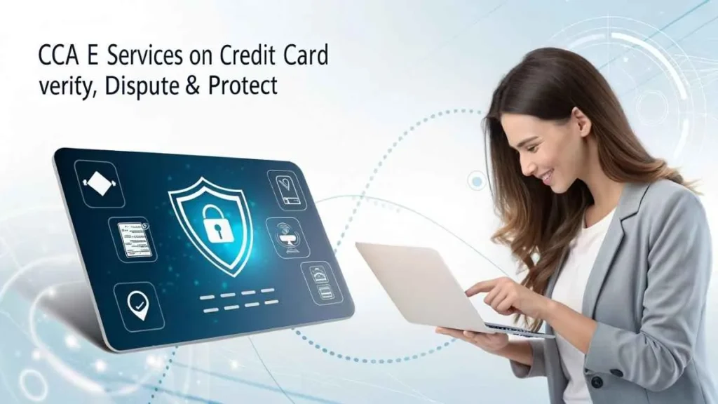 CCA e Services on Credit Card – Professional woman using credit card with digital shield and secure online payment icons