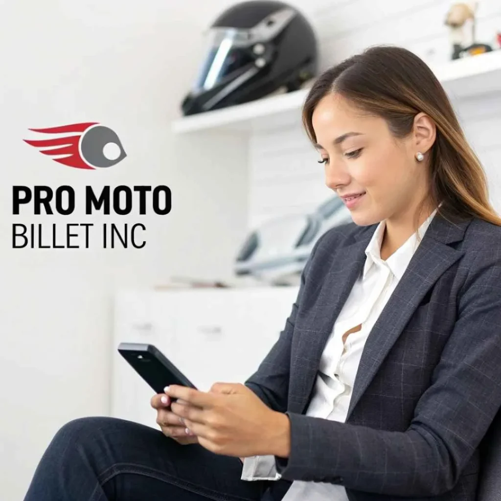 Woman contacting Pro Moto Billet Inc via phone or email to verify credit card charge