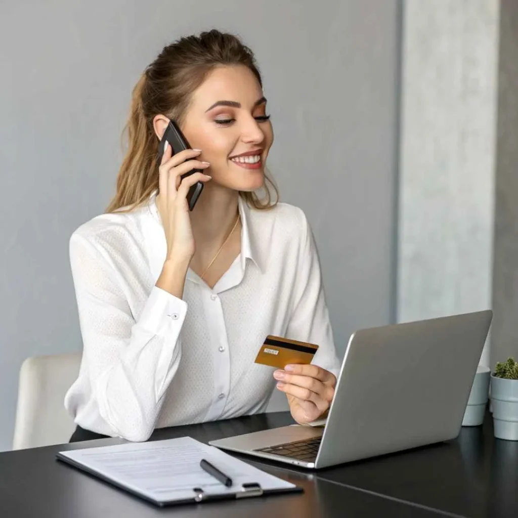 A confident young woman calling customer support to dispute an ATTN CCA E Services credit card charge, showing financial responsibility and confidence.