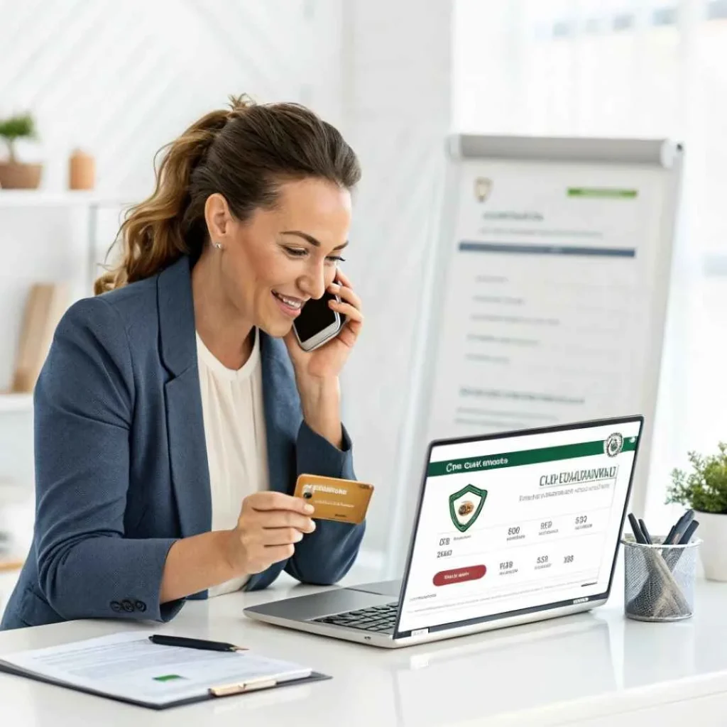 American woman contacting her bank to dispute a Miramonte credit card charge securely