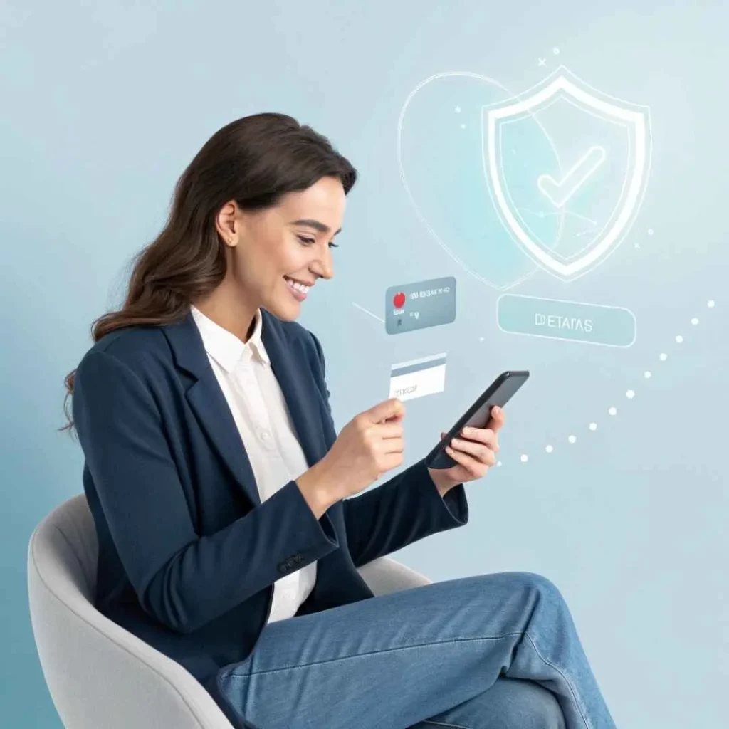 Professional woman disputing unauthorized CCA e Services credit card charge using smartphone with digital security icons