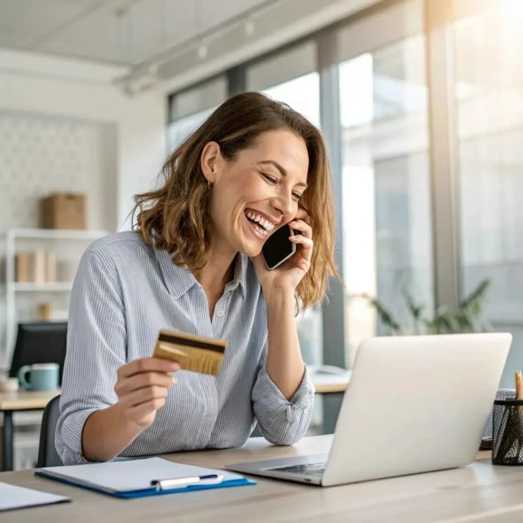 Woman talking to bank customer support to dispute unauthorized Vecticon charge