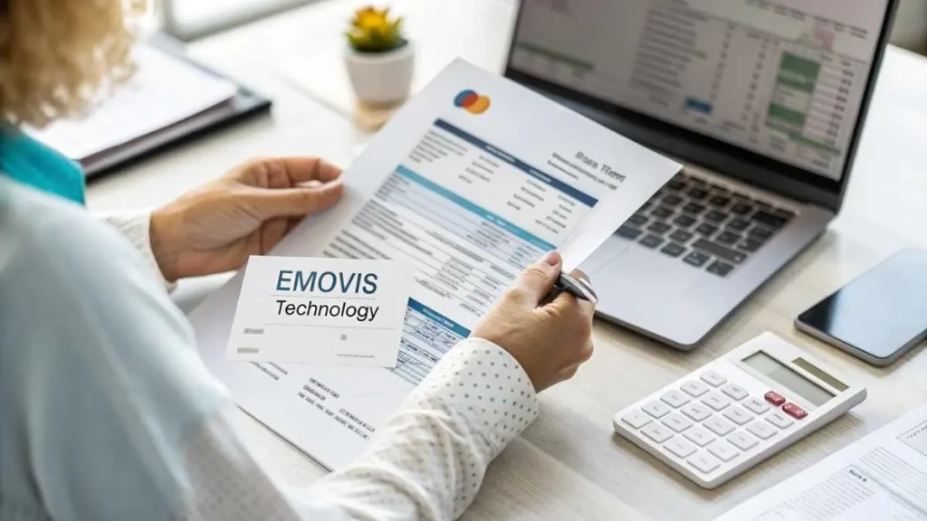 Credit card statement showing Emovis Technology charge with laptop and toll receipts