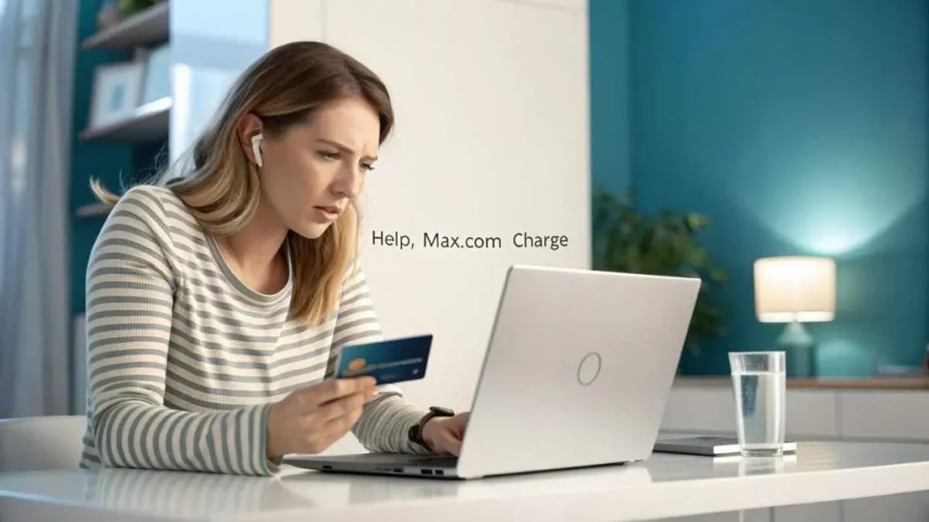 Beautiful woman checking Help.Max.com charge on her credit card while using laptop.