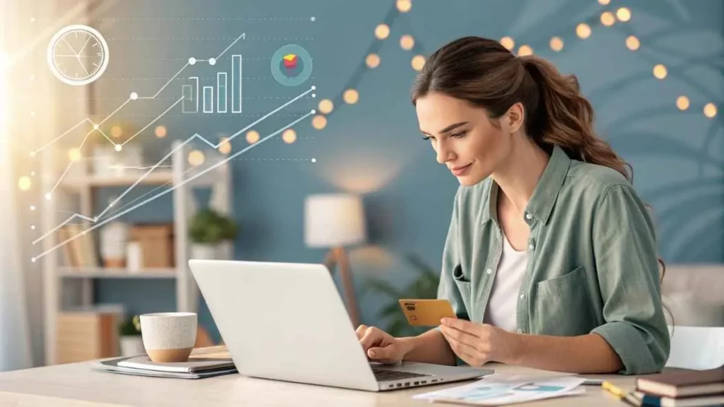 Young woman reviewing ITX USA LLC charge on her credit card statement at home