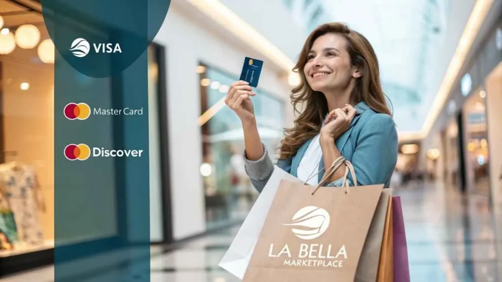 Beautiful young woman shopping at La Bella Marketplace using Visa, Mastercard, and Discover credit cards