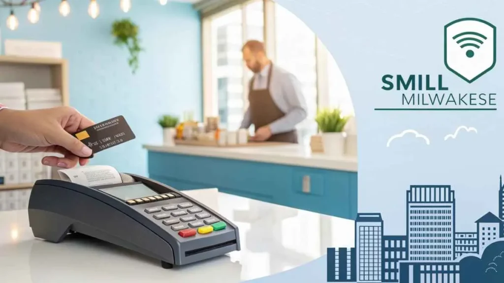 Milwaukee Credit Card Merchant Services showing POS system, credit card payment, and small business storefront in Milwaukee
