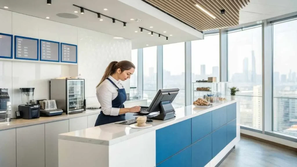 A professional small business owner in Milwaukee using a POS terminal to process a credit card payment, highlighting modern and secure payment solutions.