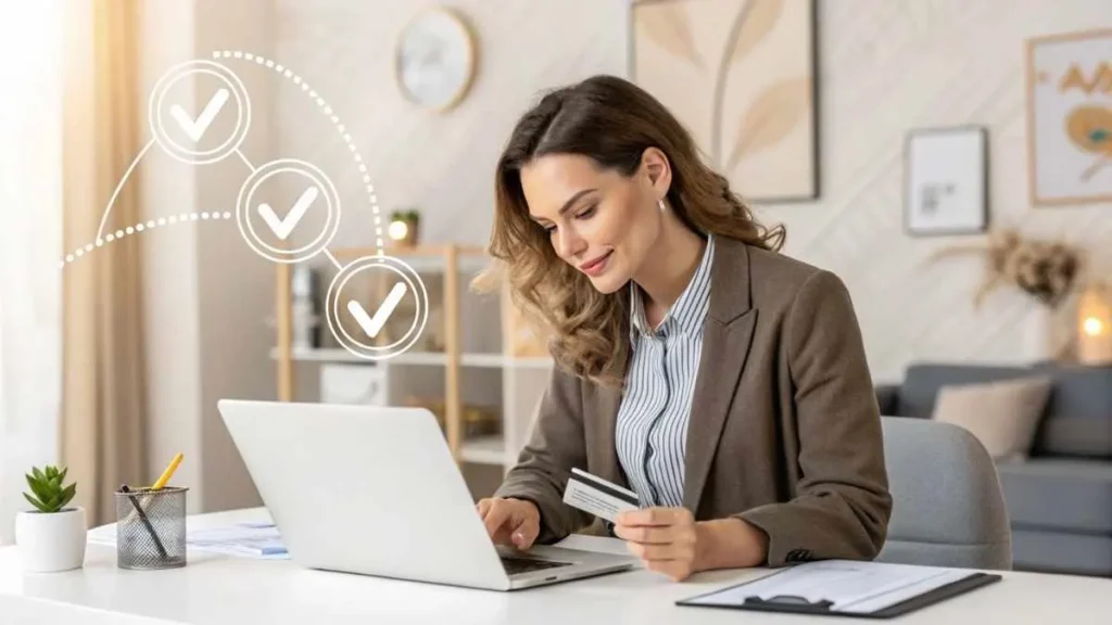 Professional woman reviewing credit card statement for Mindful Calmness charge, concerned but calm