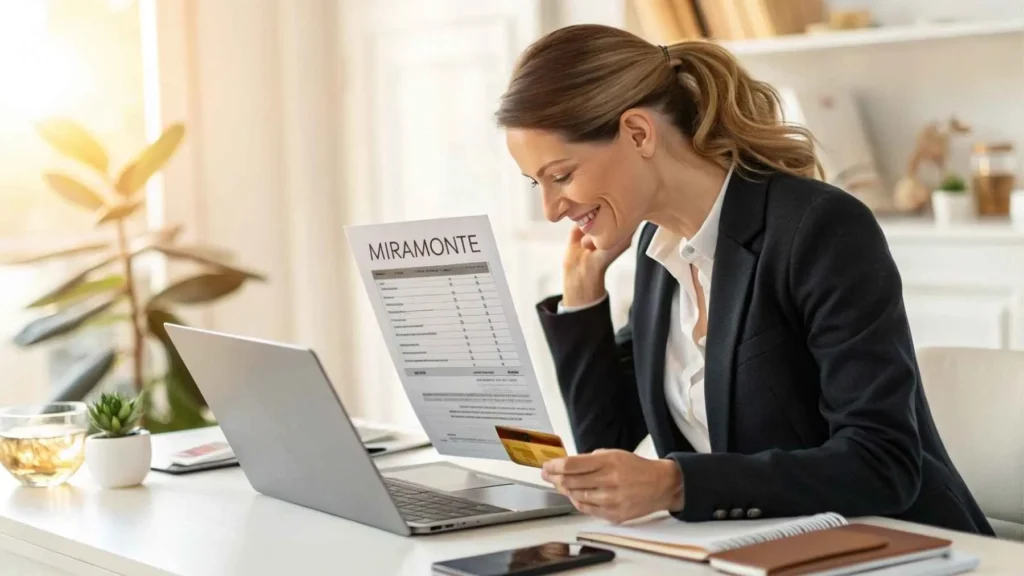 Beautiful American woman reviewing Landings.com charge on credit card statement at home