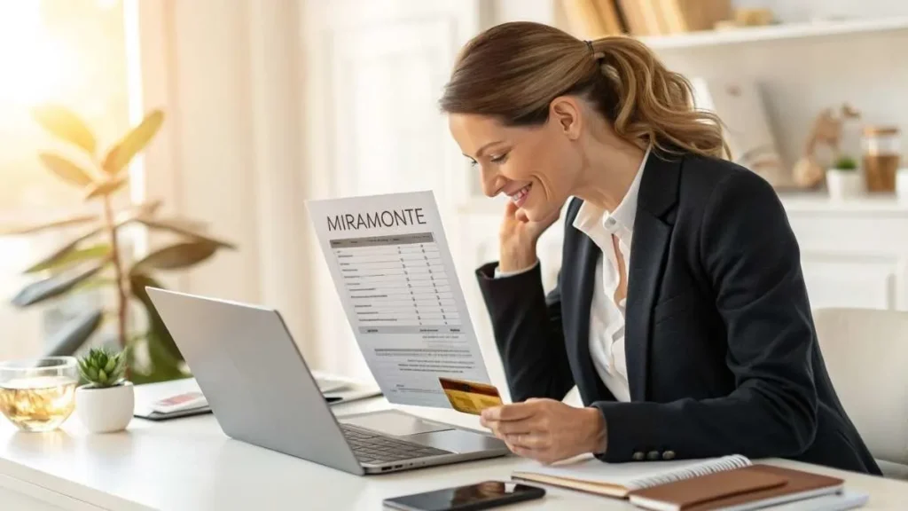 American woman reviewing a Miramonte charge on her credit card statement in a modern home office