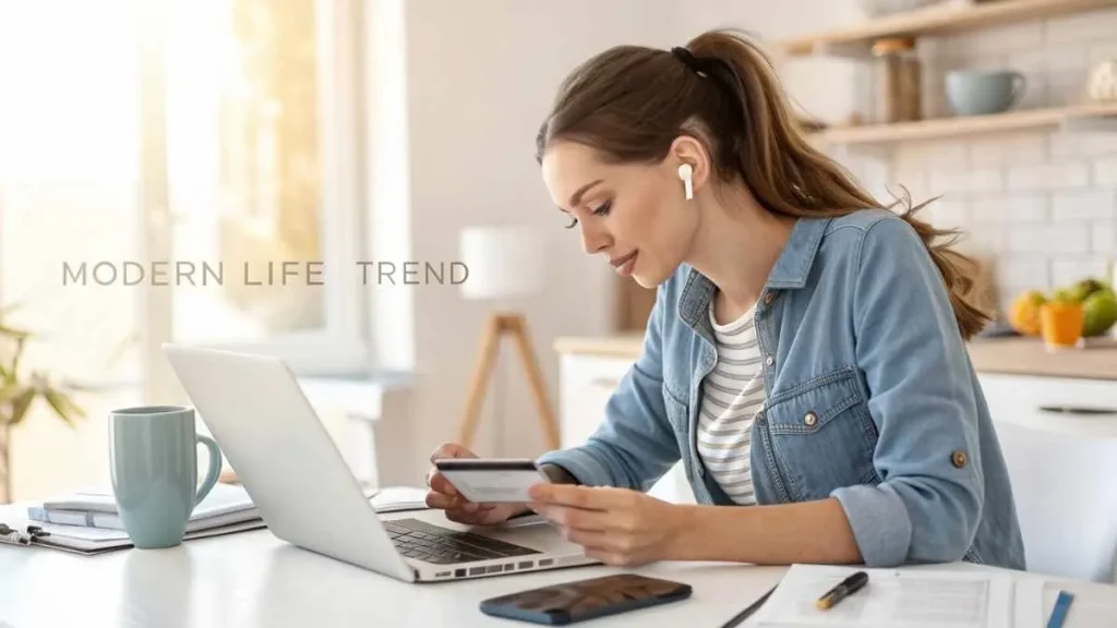 Young woman calmly checking Modern Life Trend credit card charge at home in California.
