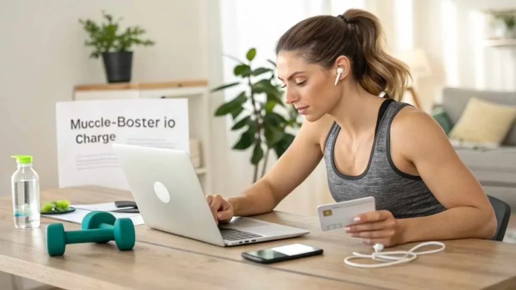Fit woman calmly checking Muscle-Booster.io charge on her laptop with credit card and gym items nearby