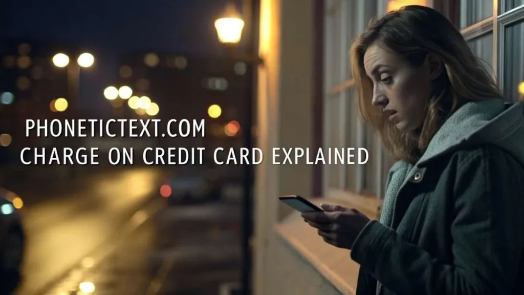 Beautiful woman looking at phone with city lights, overlaid title text “PhoneticText.com Charge on Credit Card Explained”.