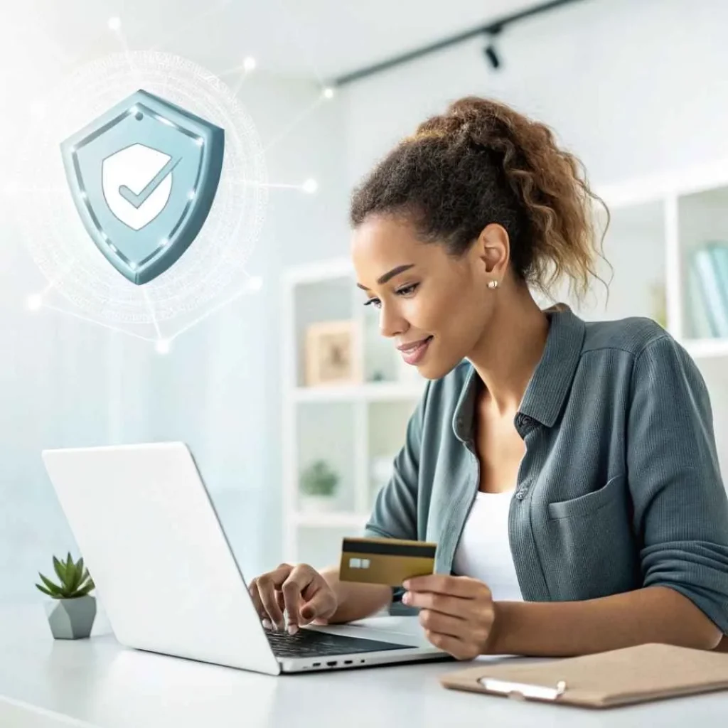 American woman using virtual credit card on laptop to prevent unauthorized Landings.com charges