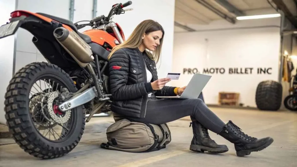 Girl checking credit card statement showing Pro Moto Billet Inc charge near her motorcycle online