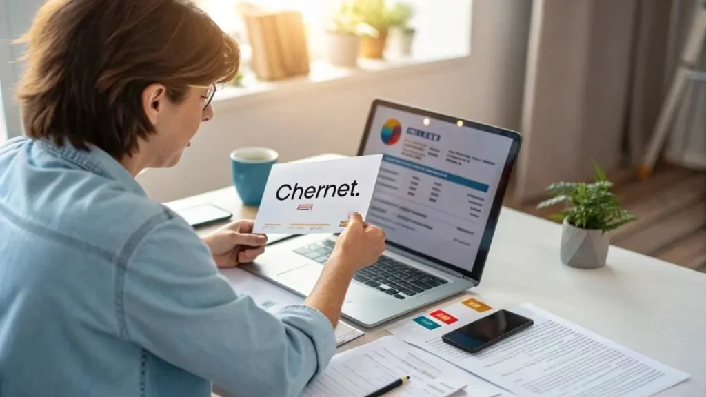 Realistic image of person reviewing Cybernet charge on credit card statement with laptop and credit card