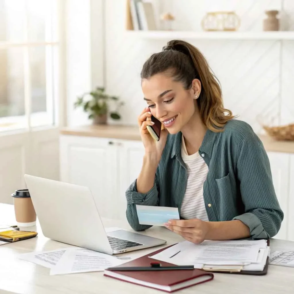 Woman contacting her bank to dispute a Solstice charge on her credit card, representing credit card protection and fraud prevention.