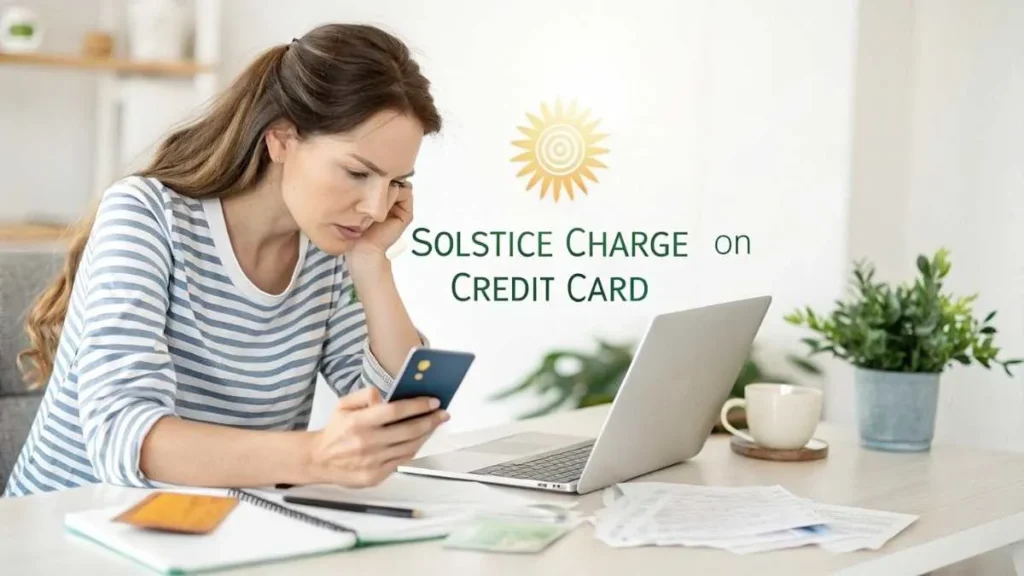 Beautiful woman checking her credit card statement showing a Solstice charge, illustrating Solstice Charge on Credit Card and financial concern.