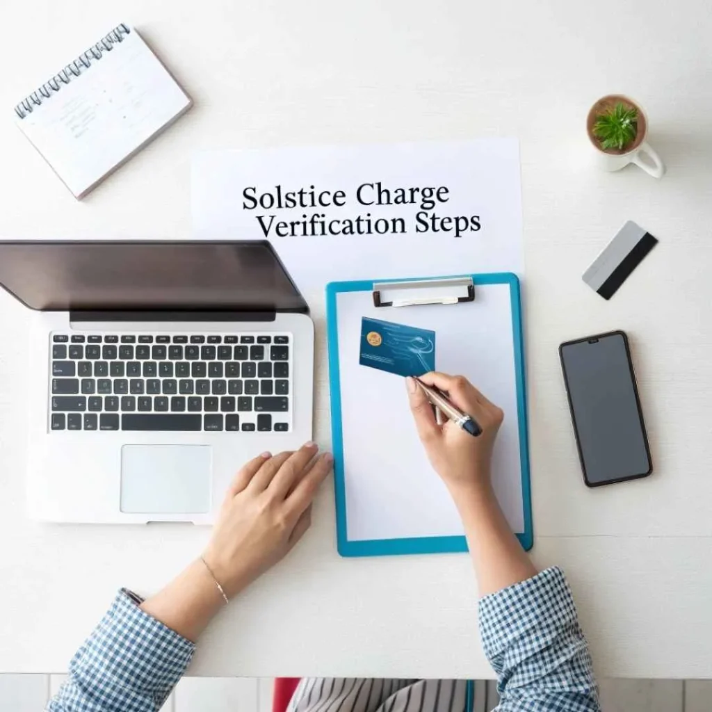 Flat-lay showing credit card, laptop, and checklist for verifying Solstice Charge on Credit Card, illustrating step-by-step verification process.