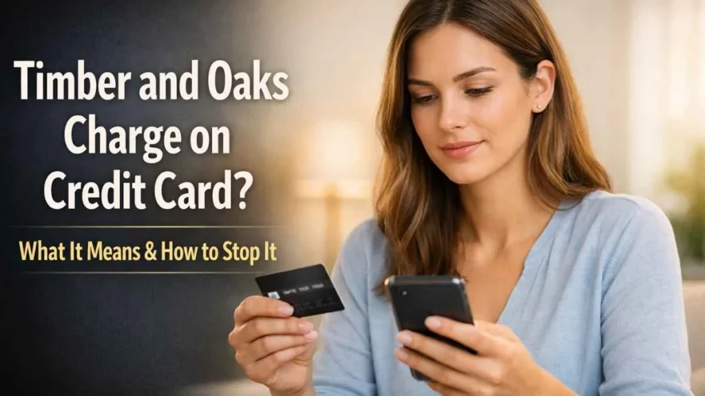 woman checking timber and oaks charge on credit card statement on smartphone