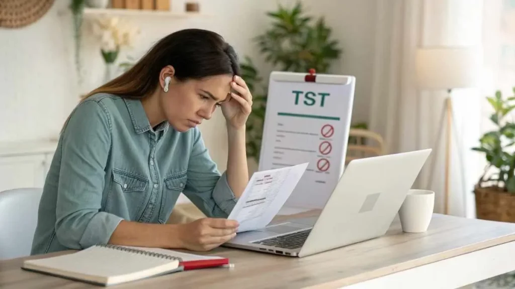 Beautiful woman reviewing credit card statement with TST charge highlighted, representing unknown charges and verification