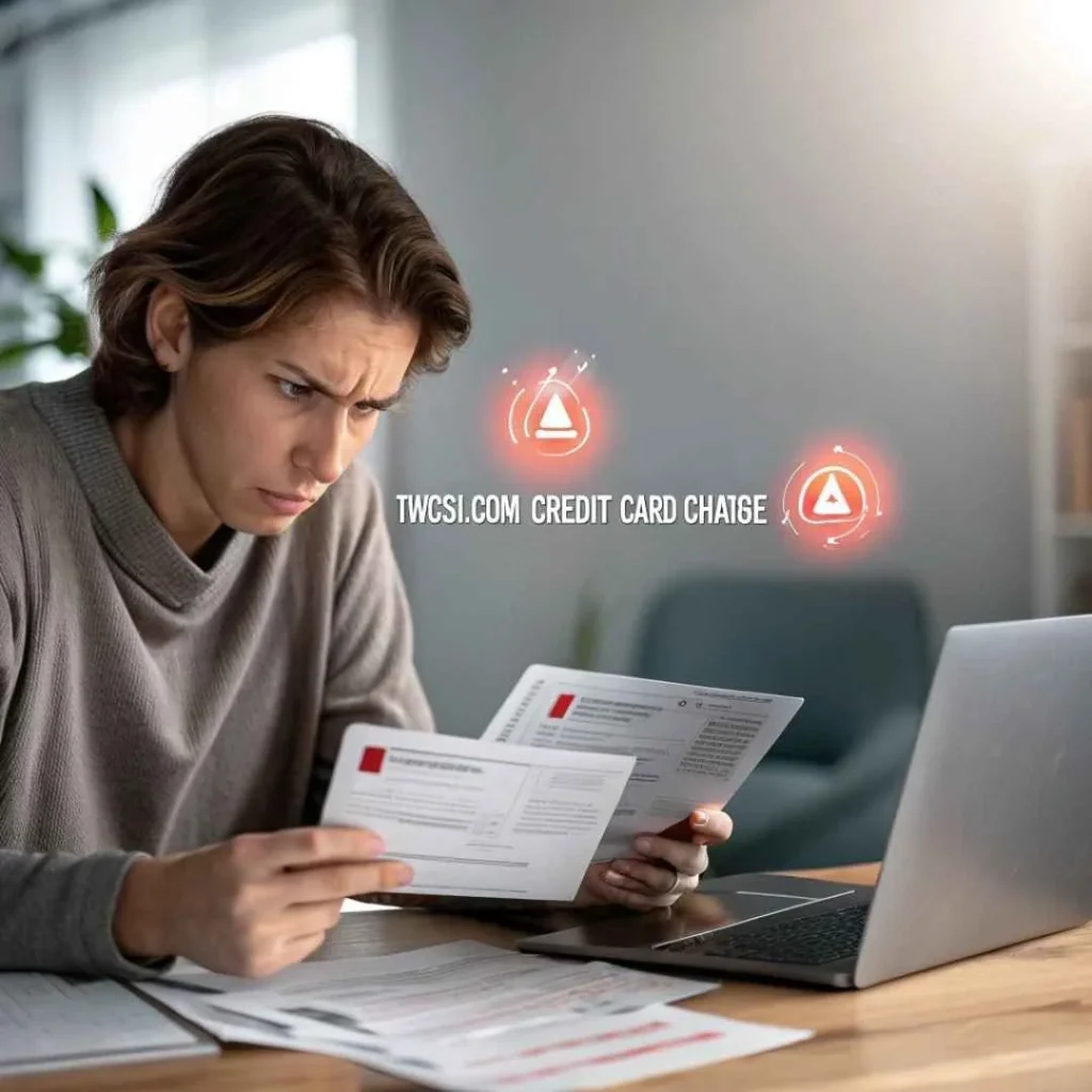 Young adult reviewing credit card statements showing suspicious TWCSV.com charges