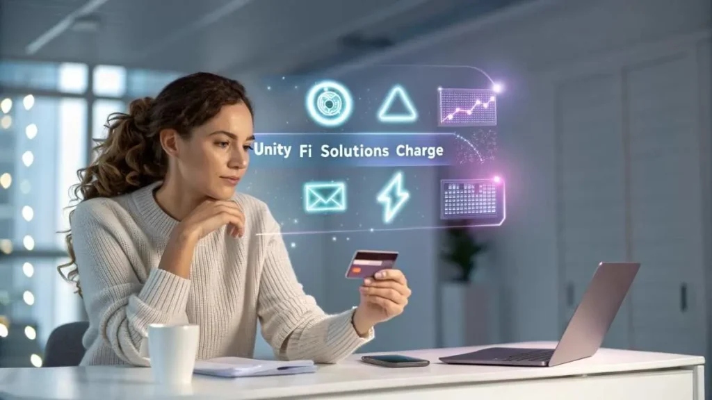Young woman checking Unity FI Solutions credit card charge on futuristic holographic screen
