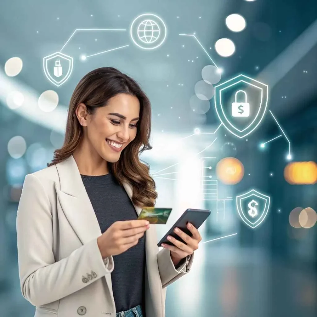 Woman receiving Unity FI Solutions credit card fraud alert on smartphone